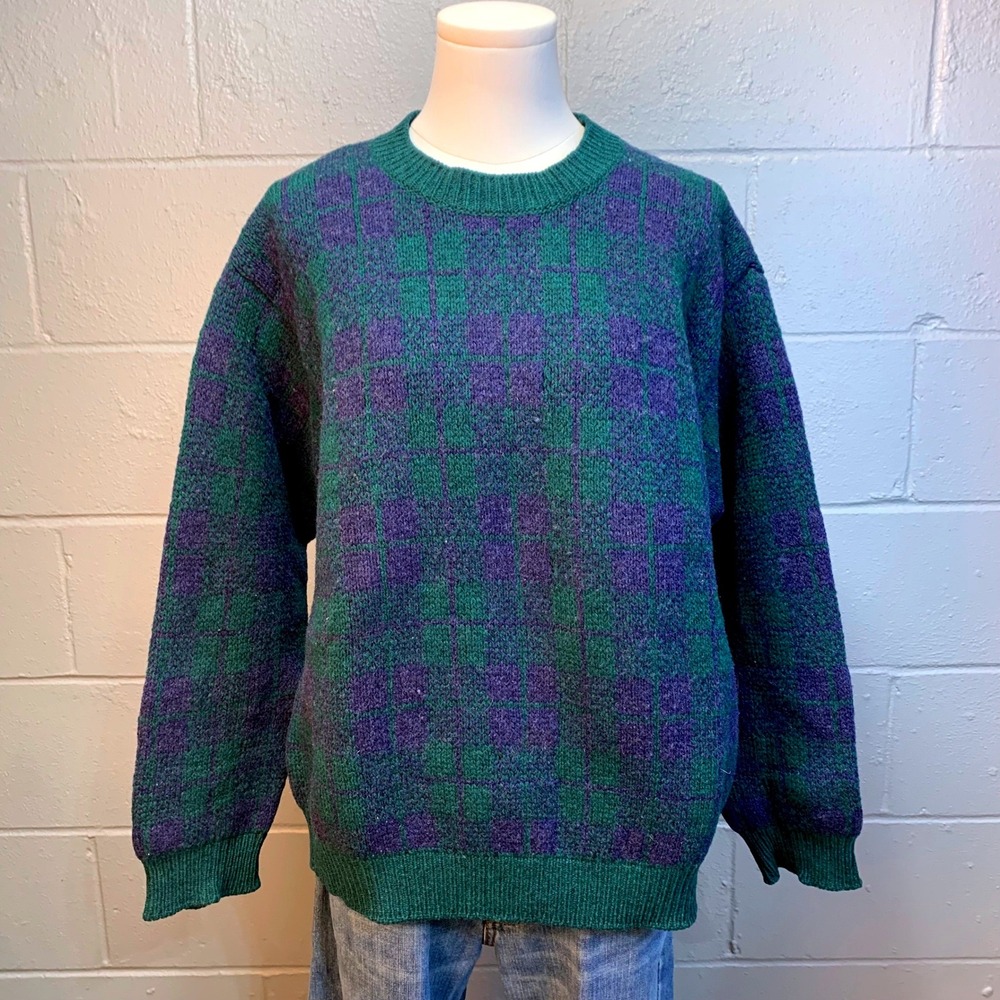 Vintage Benetton Shetland Wool Plaid Sweater Green Blue Women's Medium - Picture 1 of 5